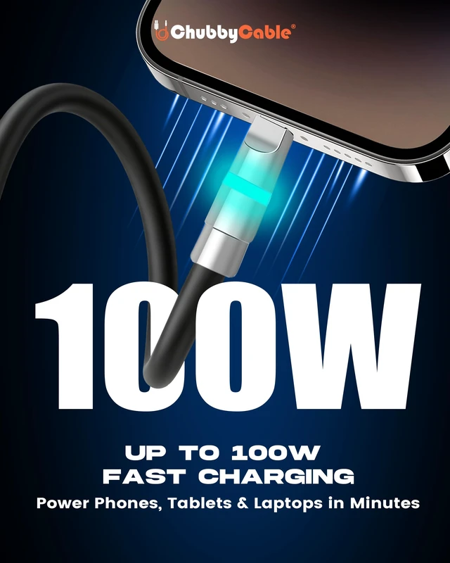 Alt view image 3 of 7 - chubbycable 100W USB A to C Charge Cable with LED Light, Green, 6.6 FT | For iPhone 18/17/16/15 Series, MacBook Pro/Air, iPad Pro/Air, Silicone Fast Charging Cable, 6mm Thick Type C Charger Cord