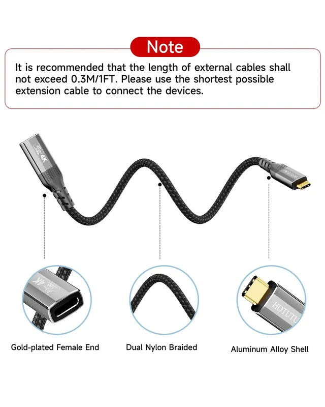 Alt view image 2 of 7 - HOTUTUKI Long 2Pack 16.5FT USB C Extension Cables, 20Gbps USB 3.2 Gen 2x2, 100W Fast Charge, 4K@60Hz Video, Male to Female Type C Extender, Nylon Braided for Thunderbolt 4/3, Monitor