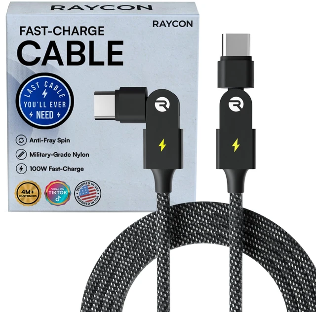 Main image of Raycon Magic Spin Cable - USB C to USB C Cable 100W Fast Charging, Type C Charger Fast Charging Cord for iPhone 17/16/15, Samsung, Android, Tangle-Free, Braided Nylon USBC to USBC Cable (Black, 10ft)