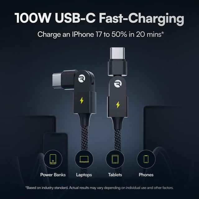 Alt view image 2 of 5 - Raycon Magic Spin Cable - USB C to USB C Cable 100W Fast Charging, Type C Charger Fast Charging Cord for iPhone 17/16/15, Samsung, Android, Tangle-Free, Braided Nylon USBC to USBC Cable (Black, 10ft)