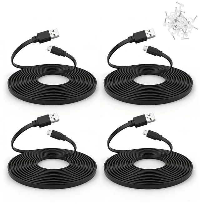 Main image of PDEEY 4 Pack 25 ft USB C Cable for CCTV WiFi Security Camera, Type-C Extension Cord Flat Waterproof Wire Clips, Black