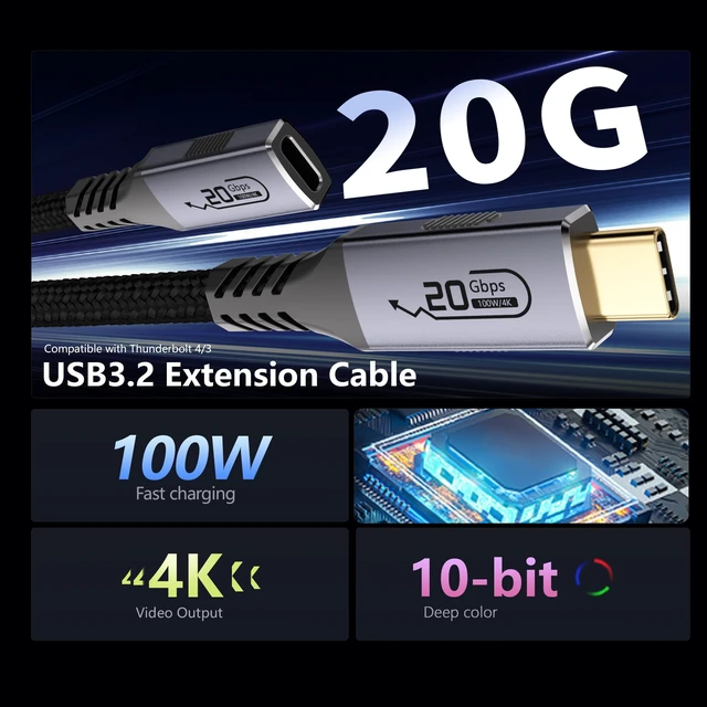 Alt view image 2 of 7 - 2-pack usb c extension cables 10ft,usb c female to usb c male cables,usb c to usb c extender cables usb 3.2 Extension 100W PD Fast Charging 20 Gbps Compatibility with Thunderbolt 4/3 Laptop Table,SSD