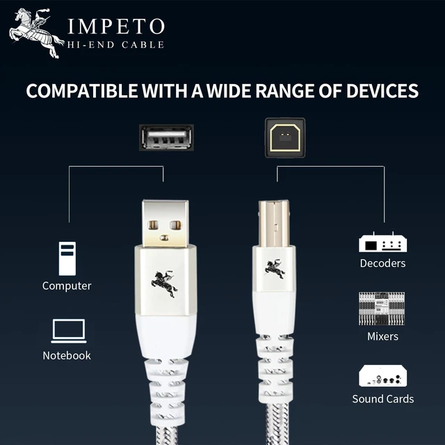Alt view image 2 of 6 - Impeto Audiophiles USB Printer Cable, USB-A to USB-B Printer Cable 2.0, HiFi DAC Type-A to Type-B OTG Audio Cable, Data Cable Digital Cable 4.9ft/1.5M