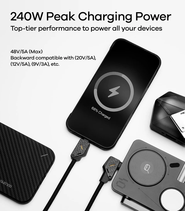 Alt view image 3 of 7 - Aulumu M07 240W USB-C to USB-C Carbon Fiber Cable | USB 3.1 Gen2 10Gbps | 4K@60Hz Video Output Fast Charging | for iPhone 18/17/16/15 Pro Max, NVMe SSD, S25/S24/S23 Ultra, MacBook Pro -Black 6.6FT
