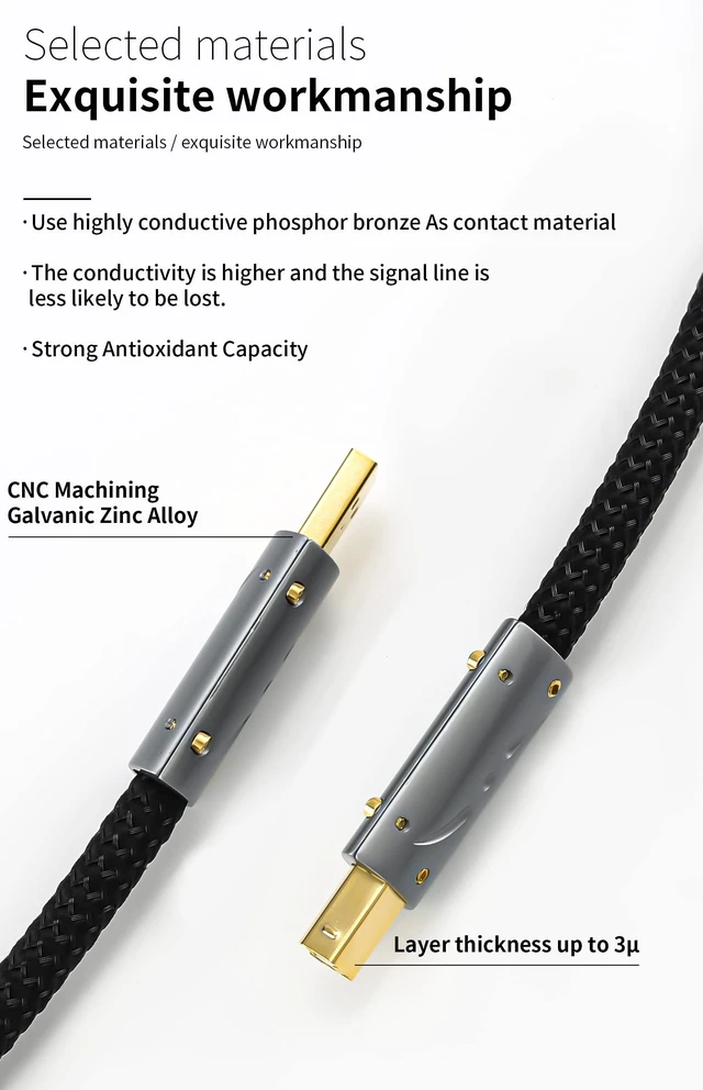 Alt view image 3 of 7 - Viborg HiFi USB A to B Cable Silver Plated Copper 4.9FT for Audiophile Audio, DAC, Decoder, Printer, Scanner (UC01)