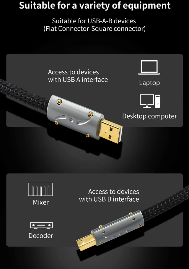 Alt view image 5 of 7 - Viborg HiFi USB A to B Cable Silver Plated Copper 4.9FT for Audiophile Audio, DAC, Decoder, Printer, Scanner (UC01)