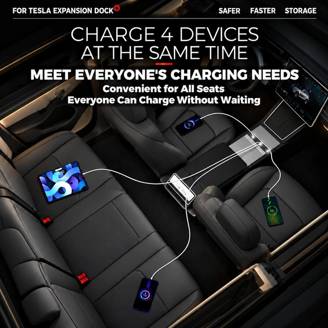 Alt view image 3 of 6 - 65W USB Hub for Tesla Model 3 Highland 2024-2026 &ModelY Juniper 2025-2026,4-Port Center Console USBCharger with Dual Retractable USB-C Fast ChargingCables, Tesla Accessories (Space Gray)