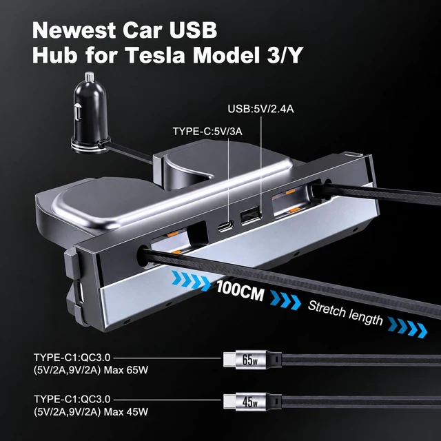 Alt view image 5 of 6 - 65W USB Hub for Tesla Model 3 Highland 2024-2026 &ModelY Juniper 2025-2026,4-Port Center Console USBCharger with Dual Retractable USB-C Fast ChargingCables, Tesla Accessories (Space Gray)
