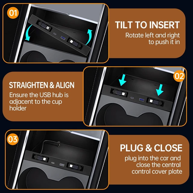 Alt view image 6 of 6 - DGXWLLW USB Hub for Tesla Model Y Juniper 3 Highland Y L with Dual Type-C | Fits Model Y Juniper 2025 2026 Model 3 Highland 2024-2026 Y L, 117W 4-in-1 Center Console Docking Station with Sunken Design