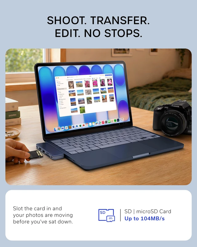 Alt view image 6 of 7 - Satechi 6-in-2 USB-C Snap Hub, 4K/60Hz HDMI, for MacBook Neo, Indigo | USB hub, 45W PD pass-through charging, SD & microSD card readers, 5 Gbps Type-A/Type-C data, for MacBook Neo