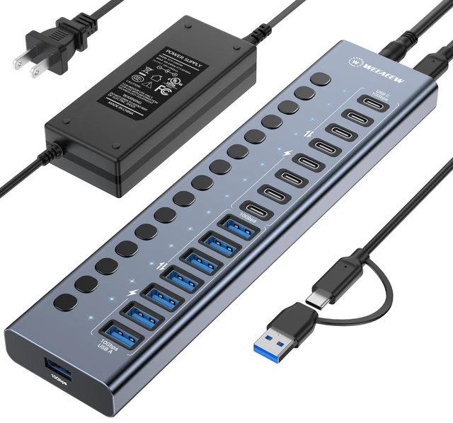 Main image of WEEAEEW Powered USB 3.2 Hub, 16 Port USB Hub with 10Gbps Data Speed, 8 USB-A & 8 USB-C Ports, 96W Power Adapter for PC, Laptop, Printer, Camera