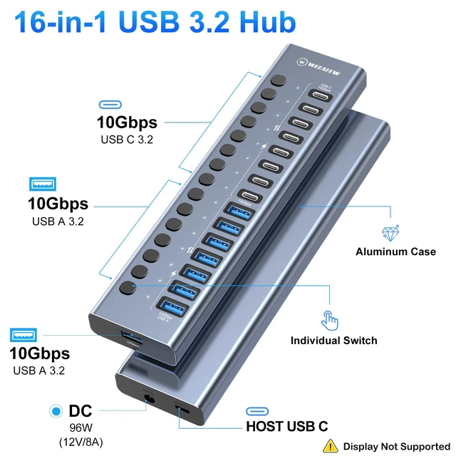 Alt view image 2 of 7 - WEEAEEW Powered USB 3.2 Hub, 16 Port USB Hub with 10Gbps Data Speed, 8 USB-A & 8 USB-C Ports, 96W Power Adapter for PC, Laptop, Printer, Camera
