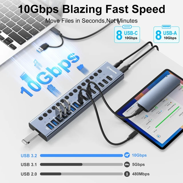 Alt view image 3 of 7 - WEEAEEW Powered USB 3.2 Hub, 16 Port USB Hub with 10Gbps Data Speed, 8 USB-A & 8 USB-C Ports, 96W Power Adapter for PC, Laptop, Printer, Camera