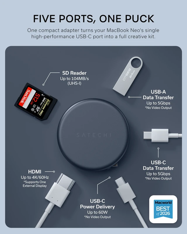 Alt view image 2 of 7 - Satechi OntheGo 5-in-1 USB-C Hub, 4K/60Hz HDMI, SD Card Reader, Indigo | USB hub, 60W PD pass-through charging, SD card reader, 5 Gbps Type-A/Type-C data, magnetic mount, for MacBook Neo/Air/Pro