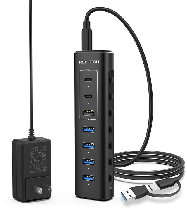 Main image of RSHTECH 7Port Powered USB C Hub, 10Gbps USB 3.2(2C+1A), 4 USB-A 3.0 Ports | Aluminum USB Extender Hub with 24W Power Adapter, Detachable 3.3ft USB-A/C Cable, Individual Switches for Laptop PC