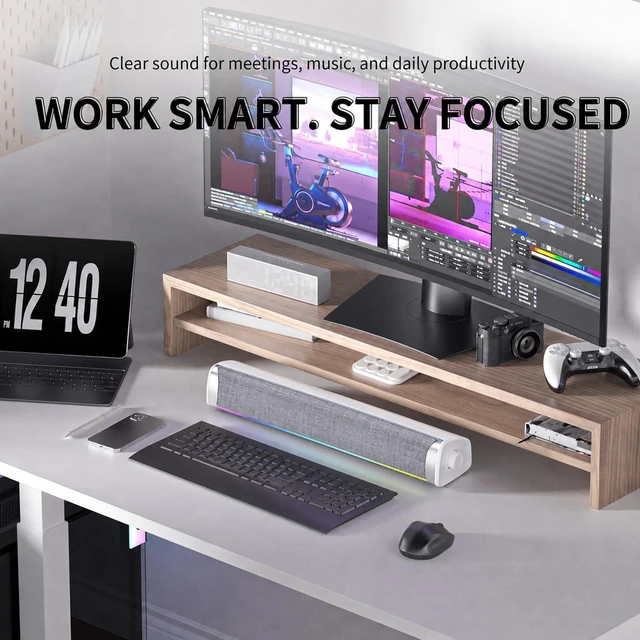 Alt view image 3 of 7 - HEGMUXCO Computer Speakers for Desktop PC, 4-Driver Gaming Soundbar with 12 RGB Light Mode, USB/USB-C Powered PC Speakers with Mic&Headphone Jack for Monitor, Laptop, Plug and Play Sound bar, White