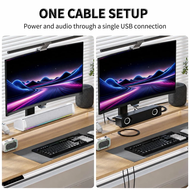 Alt view image 4 of 7 - HEGMUXCO Computer Speakers for Desktop PC, 4-Driver Gaming Soundbar with 12 RGB Light Mode, USB/USB-C Powered PC Speakers with Mic&Headphone Jack for Monitor, Laptop, Plug and Play Sound bar, White