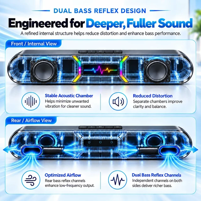 Alt view image 3 of 7 - Desktop Computer Speakers 10W Stereo Soundbar with USB Audio & Bluetooth | Dual bass reflex delivers deeper bass with compact design and 6 RGB modes for gaming, movies, music, and daily use.