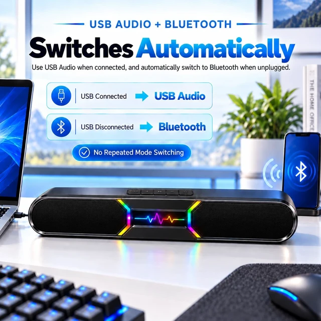 Alt view image 5 of 7 - Desktop Computer Speakers 10W Stereo Soundbar with USB Audio & Bluetooth | Dual bass reflex delivers deeper bass with compact design and 6 RGB modes for gaming, movies, music, and daily use.