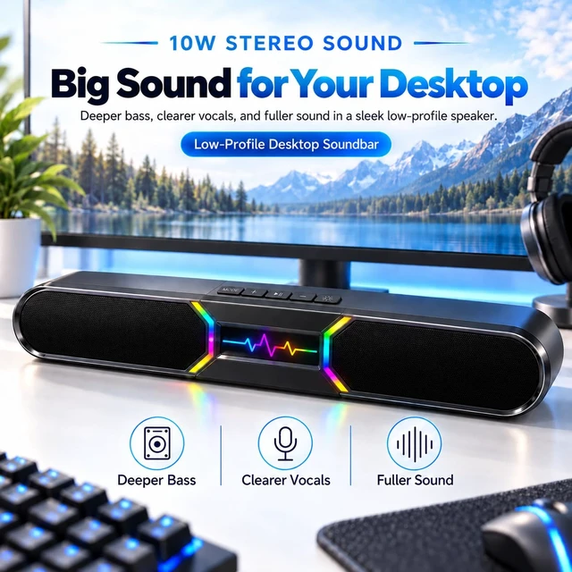 Alt view image 2 of 7 - Desktop Computer Speakers 10W Stereo Soundbar with USB Audio & Bluetooth | Dual bass reflex delivers deeper bass with compact design and 6 RGB modes for gaming, movies, music, and daily use.