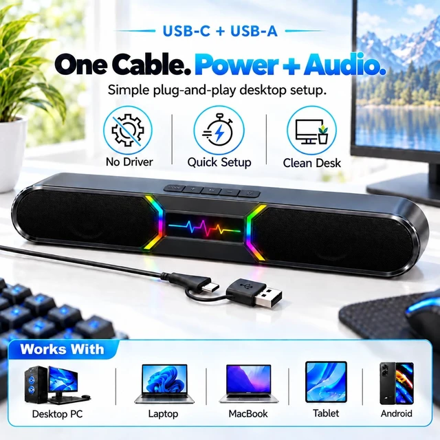 Alt view image 4 of 7 - Desktop Computer Speakers 10W Stereo Soundbar with USB Audio & Bluetooth | Dual bass reflex delivers deeper bass with compact design and 6 RGB modes for gaming, movies, music, and daily use.
