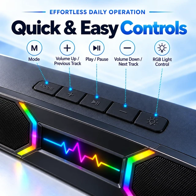 Alt view image 7 of 7 - Desktop Computer Speakers 10W Stereo Soundbar with USB Audio & Bluetooth | Dual bass reflex delivers deeper bass with compact design and 6 RGB modes for gaming, movies, music, and daily use.