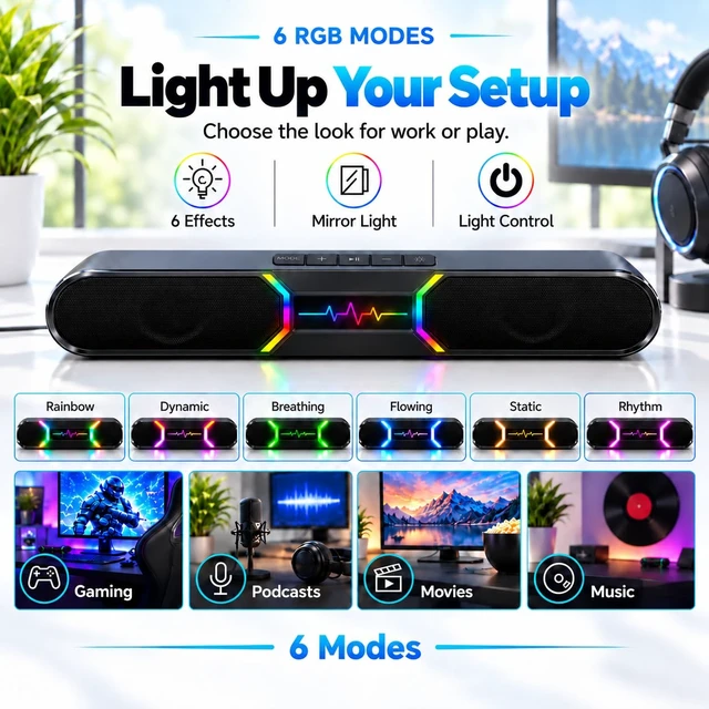 Alt view image 6 of 7 - Desktop Computer Speakers 10W Stereo Soundbar with USB Audio & Bluetooth | Dual bass reflex delivers deeper bass with compact design and 6 RGB modes for gaming, movies, music, and daily use.
