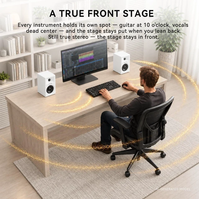 Alt view image 4 of 7 - SW203 3" 60W Computer Speakers for Desktop Monitor PC, 24bit DAC | 2-Way Active Bookshelf Speaker, USB-C/Bluetooth 5.4/3.5mm AUX, Composite-Magnet Carbon Fiber Woofer, MDF Wooden (Pair, White)