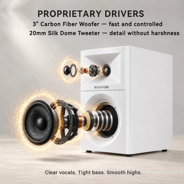Alt view image 3 of 7 - SW203 3" 60W Computer Speakers for Desktop Monitor PC, 24bit DAC | 2-Way Active Bookshelf Speaker, USB-C/Bluetooth 5.4/3.5mm AUX, Composite-Magnet Carbon Fiber Woofer, MDF Wooden (Pair, White)