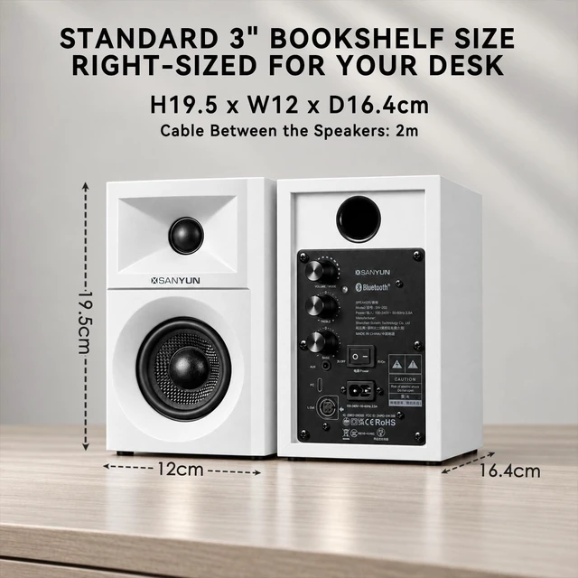 Alt view image 2 of 7 - SW203 3" 60W Computer Speakers for Desktop Monitor PC, 24bit DAC | 2-Way Active Bookshelf Speaker, USB-C/Bluetooth 5.4/3.5mm AUX, Composite-Magnet Carbon Fiber Woofer, MDF Wooden (Pair, White)