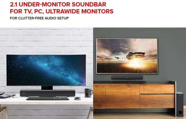 Alt view image 2 of 7 - Creative Stage 2.1 Channel Under-Monitor Soundbar with Subwoofer for TV, Computers, and Ultrawide Monitors, Bluetooth/Optical Input/TV ARC/AUX-in, Remote Control and Wall Mounting Kit