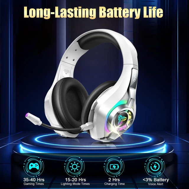 Alt view image 7 of 7 - 2.4GHz Wireless Gaming Headset for PS5/PS4/PC/Switch, 45H RGB Lights, White | Xbox One Gaming Headphones with ENC Mic, 7.1 Surround Sound, 40mm Drivers, <20ms Low Latency, 276g Lightweight