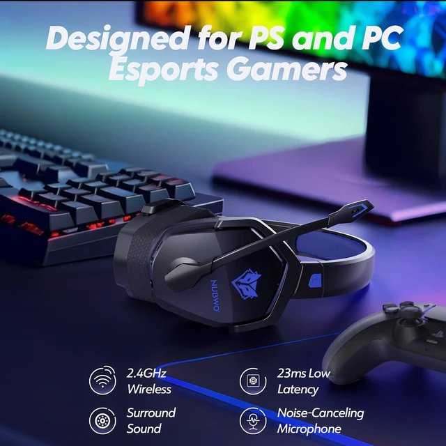 Alt view image 2 of 4 - NUBWO Wireless Gaming Headset with Mic for Ps5 Ps4 PC, Zero Interference, 100-Hour Battery All-Day Play, 23ms Sync for Fortnite & Call of Duty/FPS Gamers, Triple Mode All Devices Compatible - Blue