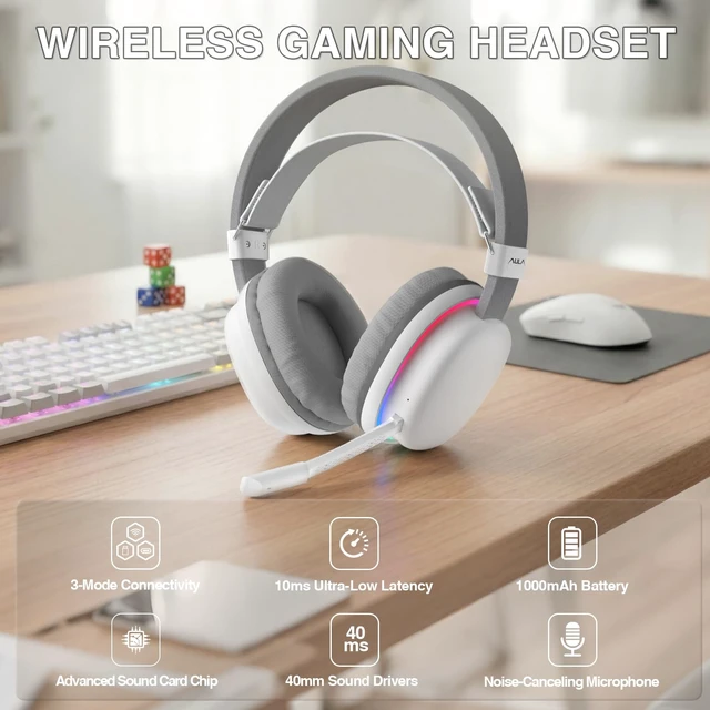 Alt view image 2 of 6 - AULA G7 Wireless Gaming Headset with Detachable Noise Canceling Mic, 40mm Driver, BT5.3 Gaming Headphones with RGB Light, 10ms Latency,60Hr Battery,PC Gaming Headset for PS5,PS4,PC,Wired Mode for Xbox