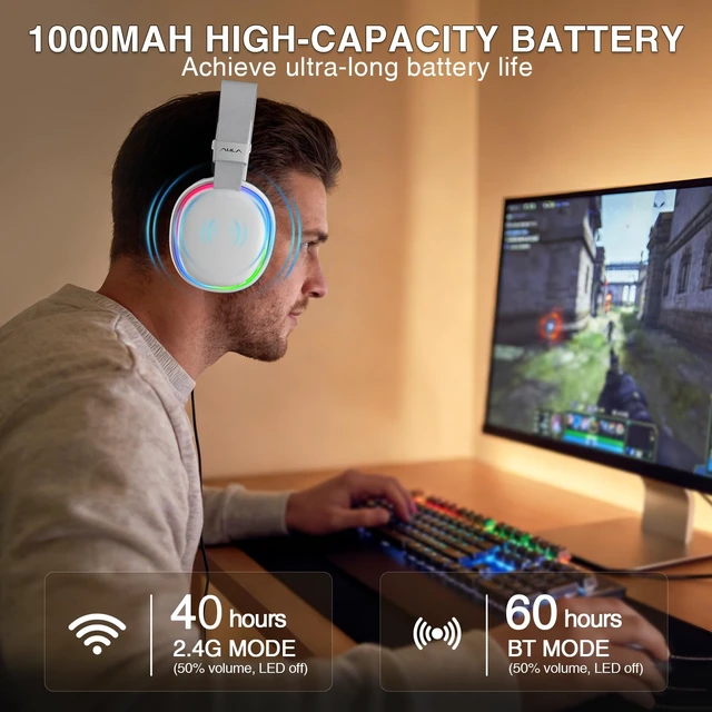Alt view image 5 of 6 - AULA G7 Wireless Gaming Headset with Detachable Noise Canceling Mic, 40mm Driver, BT5.3 Gaming Headphones with RGB Light, 10ms Latency,60Hr Battery,PC Gaming Headset for PS5,PS4,PC,Wired Mode for Xbox