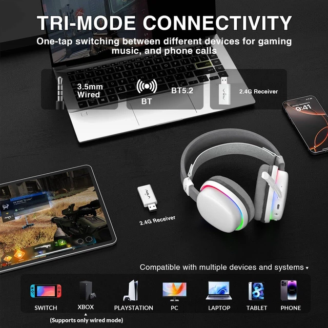 Alt view image 3 of 6 - AULA G7 Wireless Gaming Headset with Detachable Noise Canceling Mic, 40mm Driver, BT5.3 Gaming Headphones with RGB Light, 10ms Latency,60Hr Battery,PC Gaming Headset for PS5,PS4,PC,Wired Mode for Xbox