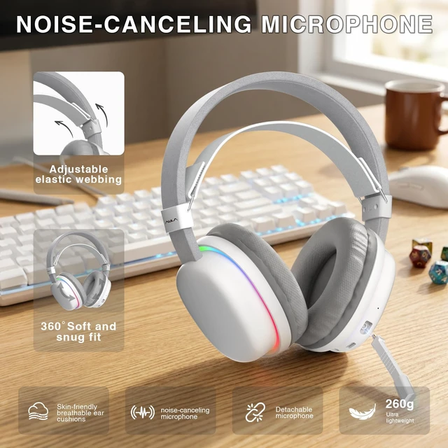 Alt view image 6 of 6 - AULA G7 Wireless Gaming Headset with Detachable Noise Canceling Mic, 40mm Driver, BT5.3 Gaming Headphones with RGB Light, 10ms Latency,60Hr Battery,PC Gaming Headset for PS5,PS4,PC,Wired Mode for Xbox