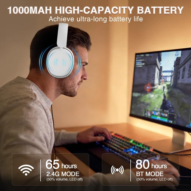 Alt view image 6 of 6 - AULA G7 Pro Wireless Gaming Headset with 7.1 Surround Sound, 40mm Driver, BT5.3 Gaming Headphones with Mic, RGB, 10ms Latency, 65H Battery, PC Gaming Headset for PS5,PS4, Switch,PC,Wired Mode for Xbox
