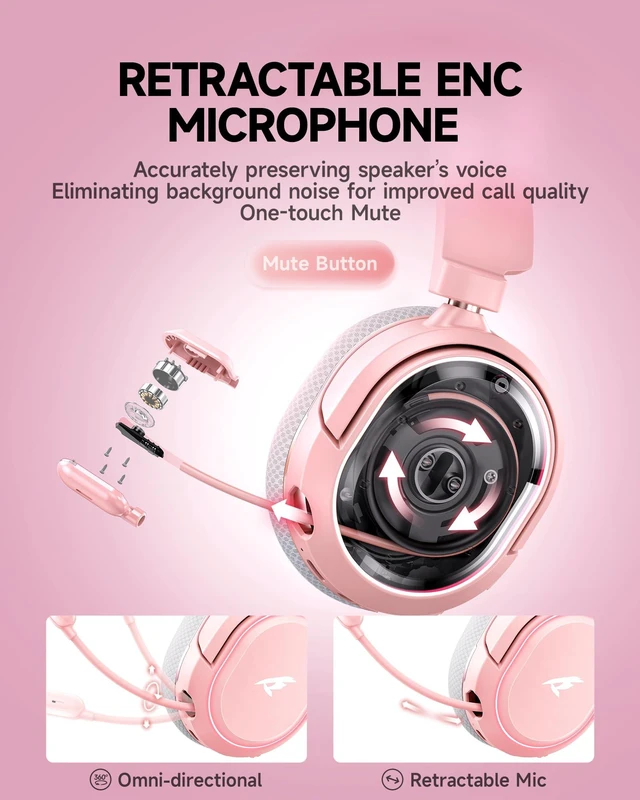 Alt view image 3 of 7 - Picun G2 Wireless Gaming Headset with Mic for PC PS5 PS4 Switch, White Pink | 7.1 Virtual Surround Sound ,Hi-Res Audio, 2.4GHz/Bluetooth 5.4/Wired, 100H Playtime, ENC Noise-Canceling Mic, RGB