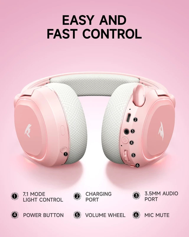 Alt view image 6 of 7 - Picun G2 Wireless Gaming Headset with Mic for PC PS5 PS4 Switch, White Pink | 7.1 Virtual Surround Sound ,Hi-Res Audio, 2.4GHz/Bluetooth 5.4/Wired, 100H Playtime, ENC Noise-Canceling Mic, RGB