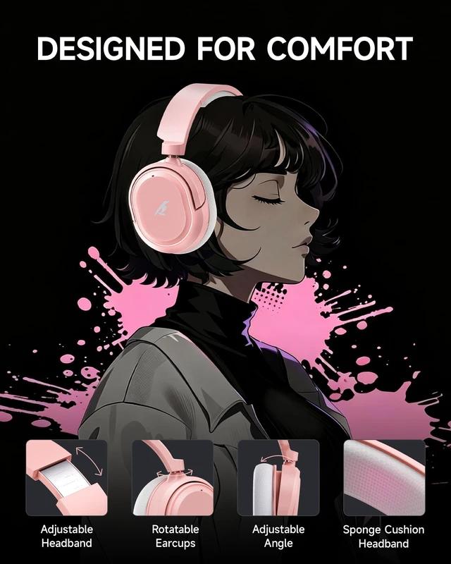 Alt view image 4 of 7 - Picun G2 Wireless Gaming Headset with Mic for PC PS5 PS4 Switch, White Pink | 7.1 Virtual Surround Sound ,Hi-Res Audio, 2.4GHz/Bluetooth 5.4/Wired, 100H Playtime, ENC Noise-Canceling Mic, RGB