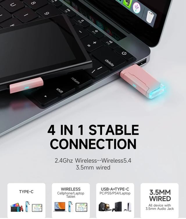 Alt view image 7 of 7 - Picun G2 Wireless Gaming Headset with Mic for PC PS5 PS4 Switch, White Pink | 7.1 Virtual Surround Sound ,Hi-Res Audio, 2.4GHz/Bluetooth 5.4/Wired, 100H Playtime, ENC Noise-Canceling Mic, RGB