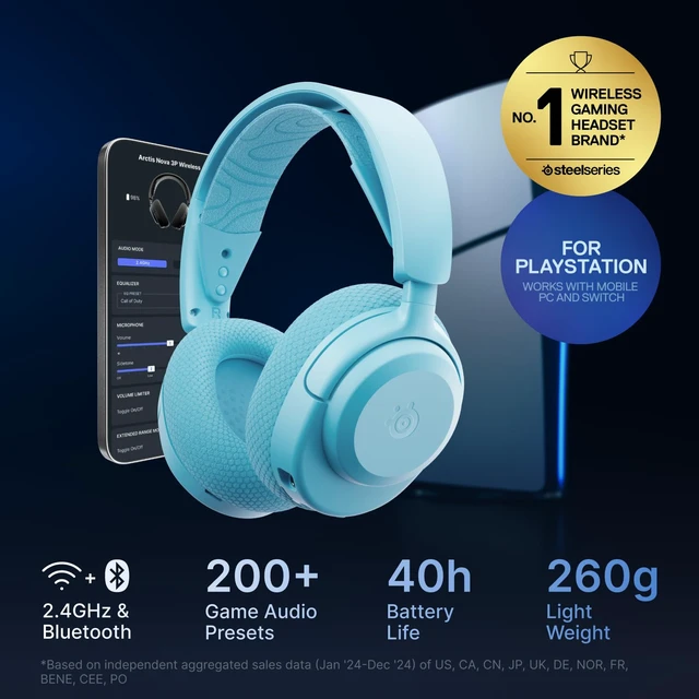 Alt view image 2 of 7 - SteelSeries Arctis Nova 3P Wireless Multi-Platform Gaming Headset - Aqua | Mobile App Control - 40 HR Battery - Neodymium Magnetic Drivers - 2.4GHz/Bluetooth - PS5, PS4, PC, Switch, Mobile