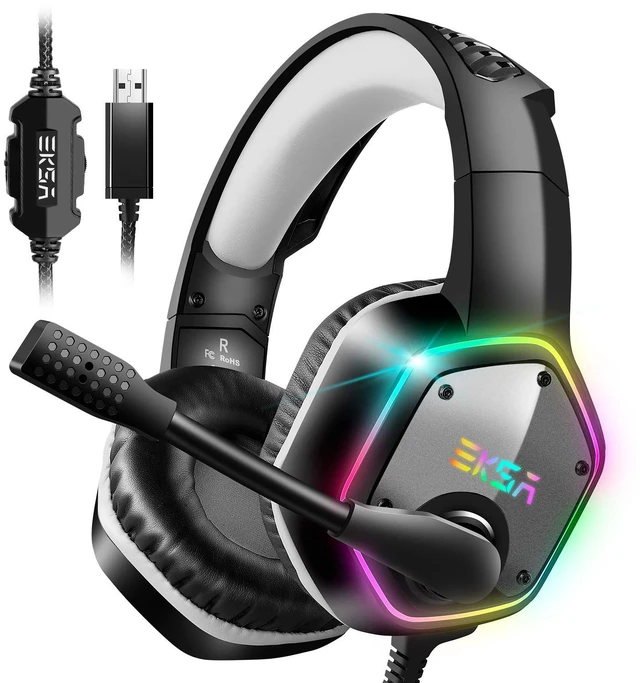 Main image of EKSA E1000 USB Gaming Headset for PC, Computer Headphones with Microphone/Mic Noise Cancelling, 7.1 Surround Sound, RGB Light - Wired Headphones for PS4, PS5 Console, Laptop, Call Center