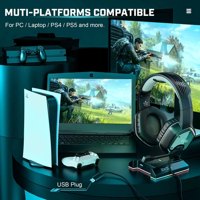 Alt view image 6 of 7 - EKSA E1000 USB Gaming Headset for PC, Computer Headphones with Microphone/Mic Noise Cancelling, 7.1 Surround Sound, RGB Light - Wired Headphones for PS4, PS5 Console, Laptop, Call Center