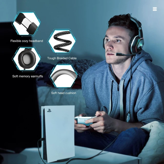 Alt view image 7 of 7 - EKSA E1000 USB Gaming Headset for PC, Computer Headphones with Microphone/Mic Noise Cancelling, 7.1 Surround Sound, RGB Light - Wired Headphones for PS4, PS5 Console, Laptop, Call Center