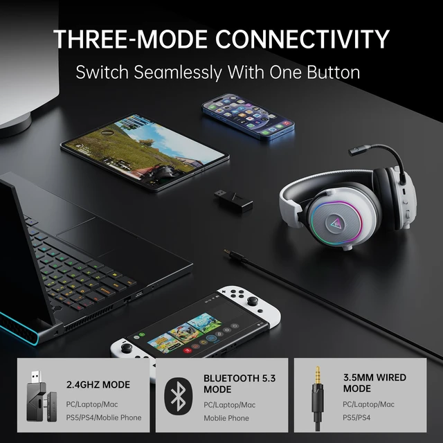Alt view image 2 of 7 - EKSA Wireless Gaming Headset with Detachable Microphone for PC,PS5,PS4 | Bluetooth Gaming Headphones with RGB, 30ms Latency, 50H Battery for Switch,Mobile,Mac,Computer, Stereo Sound Wired PC Headset