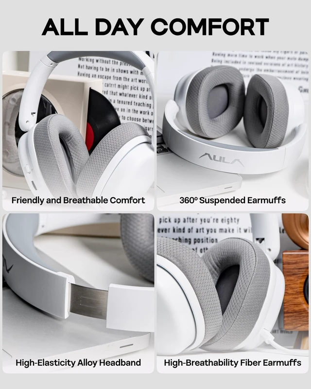 Alt view image 4 of 7 - EPOMAKER X Aula G7 Pro Wireless Gaming Headset, Dual Mode BT5.3 & 2.4GHz | 7.1 Surround Sound, 80+ Hour Battery, RGB Light, with Noise Canceling Mic for PS5, PS4, Switch, PC (White)