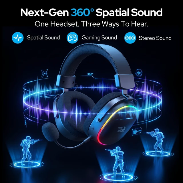 Alt view image 2 of 7 - Redragon H831 4-Mode Wireless Gaming Headset, 53mm Drivers, 45Hr+ Battery | 360° Spatial Sound, Detachable Mic with Voice Monitoring, Low Latency, Multi-Platform Headphone for PS4/5, NS, PC, Mac