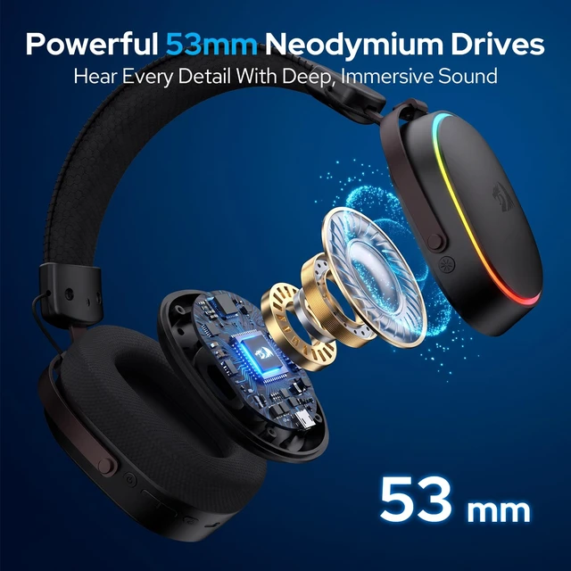 Alt view image 3 of 7 - Redragon H831 4-Mode Wireless Gaming Headset, 53mm Drivers, 45Hr+ Battery | 360° Spatial Sound, Detachable Mic with Voice Monitoring, Low Latency, Multi-Platform Headphone for PS4/5, NS, PC, Mac